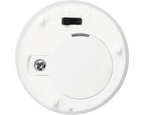 Unterseite einer runden LED-Leuchte mit Batteriefach und Schalter