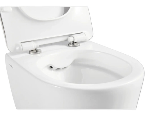 Weißes wandhängendes Bidet mit geöffnetem Deckel.