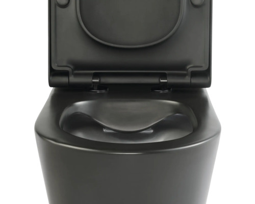 Schwarze Wandtoilette mit offenem Deckel