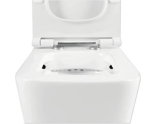 Detailansicht einer weißen Toilette mit offenem Deckel