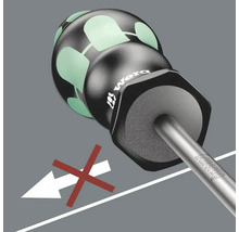 Nahaufnahme eines Schraubendrehers mit speziellem Griffdesign und einer Abbildung, die darauf hinweist, dass er nicht zum Hämmern verwendet werden sollte