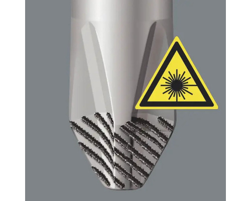 Detailaufnahme einer Werkzeugspitze mit Lasersicherheitshinweis