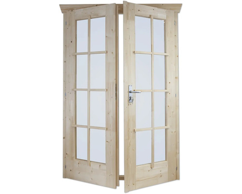 Geöffnete Doppeltür aus Holz mit Glaseinsätzen