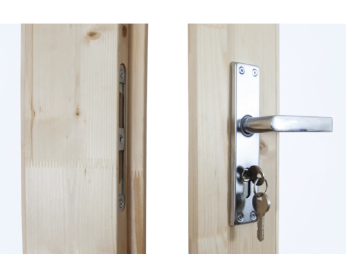 Holztür mit Schloss, Schlüssel und Drückergarnitur