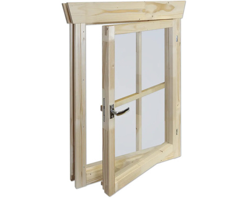 Holzfenster mit Fenstergriff geöffnet