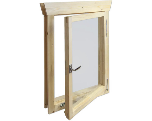 Holzfenster mit geöffnetem Fensterflügel und Griff