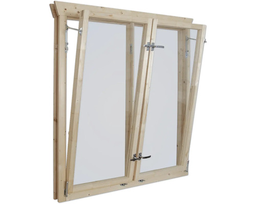 Holzfensterrahmen mit geöffneten Flügeln