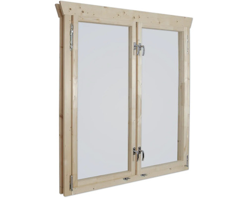 Holzfenster mit zwei Flügeln und silberfarbenen Beschlägen