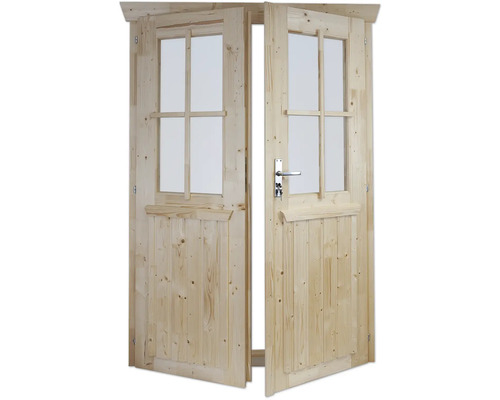 Geöffnete Holztür mit Glaseinsätzen