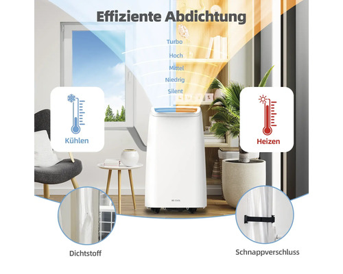 Mobiles Klimagerät im Wohnraum mit Kühl- und Heizfunktion sowie Dichtstoff und Schnappverschluss zur effizienten Abdichtung.