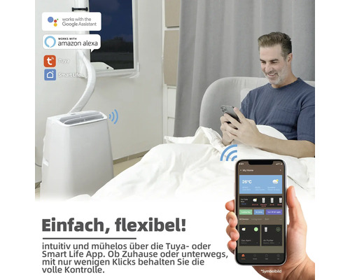 Mobiles Klimagerät mit Mann im Bett und Smartphone App Steuerung