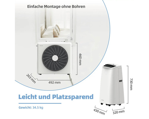 Klimaanlage mit Außen- und Inneneinheit mit Maßangaben