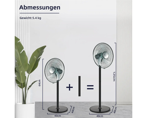 Abmessungen eines Ventilators mit Standfuß dargestellt.