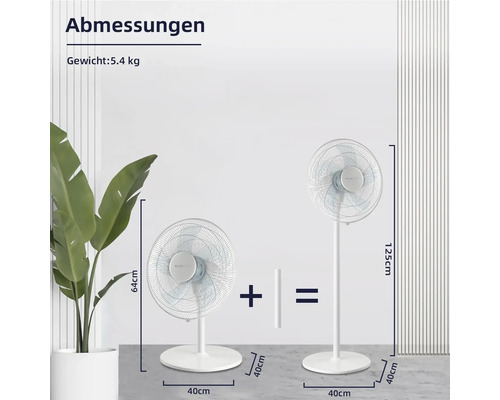 Abbildung eines Ventilators mit Angabe von Abmessungen und Gewicht von 5,4 Kilogramm