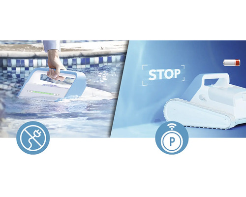 Akkubetriebener Poolreiniger im Einsatz mit Symbolen für kabellosen Betrieb und Parkfunktion