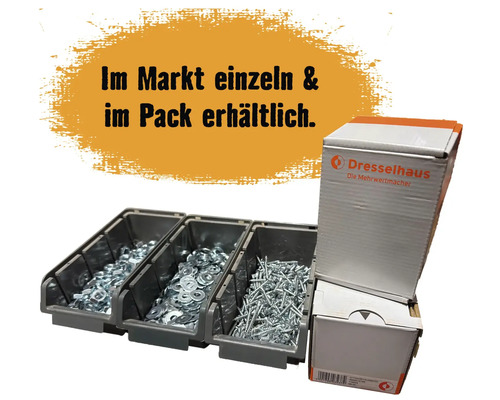 Sortierkästen mit Unterlegscheiben und Schrauben sowie Kartons mit Schrauben der Marke Dresselhaus