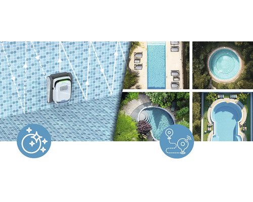 Poolreinigungsroboter im Einsatz mit verschiedenen Poolansichten