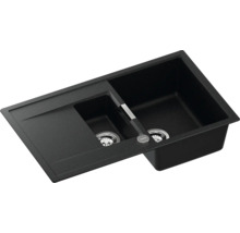 Schwarze Küchenspüle mit zwei Becken und Abtropffläche