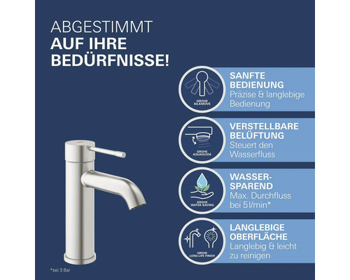 Grohe Armatur mit Produktvorteilen: präzise Bedienung, regulierbarer Wasserfluss, wassersparend und langlebige Oberfläche