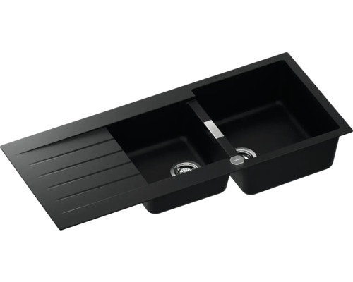 Schwarze Küchenspüle mit zwei Becken und Abtropffläche