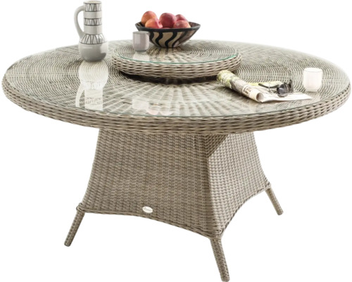 Runder Gartentisch mit Glasplatte und Rattanoptik