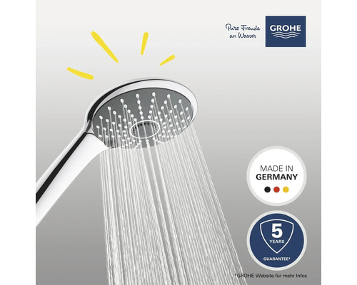 Handbrause mit Wasserstrahl, Grohe Logo, Made in Germany Zeichen und 5 Jahre Garantie