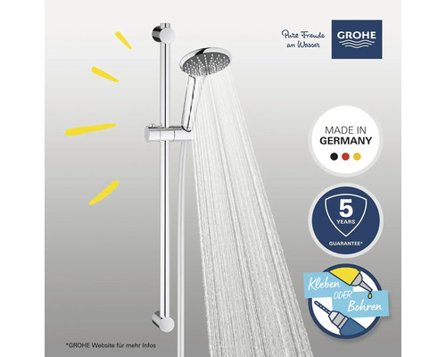 Duschset mit Brausestange und Handbrause mit Wasserstrahl. Kennzeichen Made in Germany. Fünf Jahre Garantie. Symbol Kleben oder Bohren. Grohe Logo.