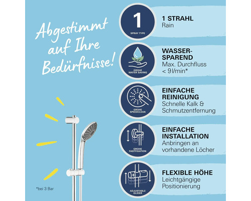 Abgestimmt auf Ihre Bedürfnisse: Informationen zu Strahlart, Wassersparen, Reinigung, Installation und flexibler Höhe der Duschgarnitur