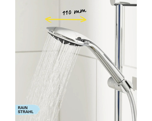 Duschkopf mit Regenstrahl und Maßangabe 110 Millimeter