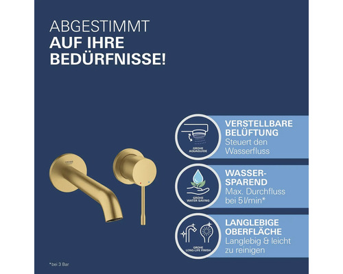 Goldfarbene Grohe Armatur mit Merkmalen zu Wasserdurchfluss, Wassersparen und langlebiger Oberfläche