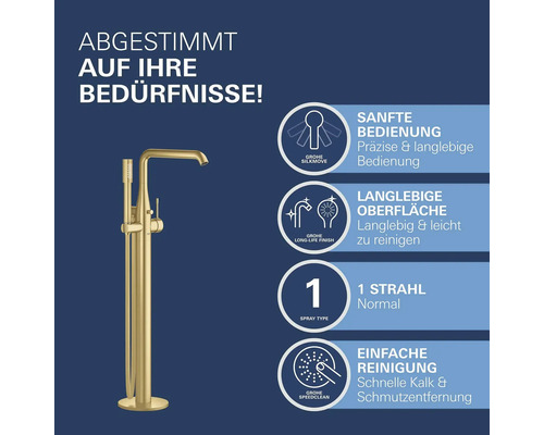 Freistehende goldfarbene Badewannenarmatur mit Handbrause und Produktinformationen