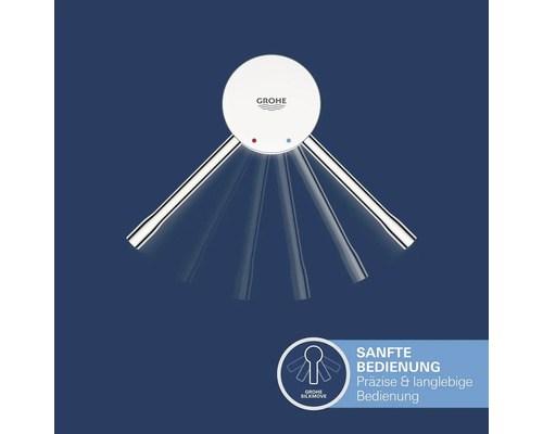 Grohe Logo. Duscharmatur mit schwenkbarem Auslauf. Symbol für sanfte, präzise und langlebige Bedienung.