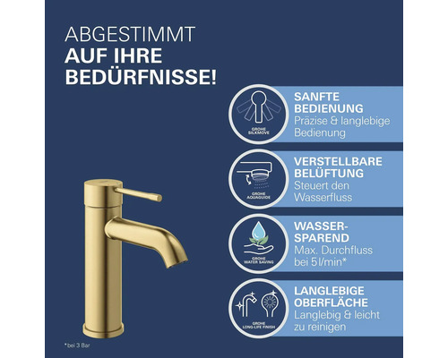 Goldfarbene Armatur mit Hinweisen zu Funktionen wie sanfte Bedienung, verstellbare Belüftung, Wassersparfunktion und langlebige Oberfläche