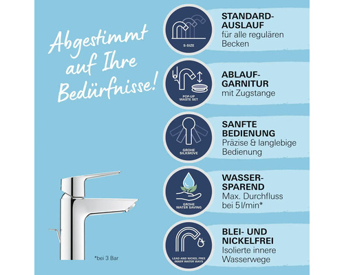 Produktinformationen zu einem Wasserhahn mit Standardauslauf, Ablaufgarnitur mit Zugstange, sanfter Bedienung, Wassersparfunktion und blei- und nickelfreien Wasserwegen