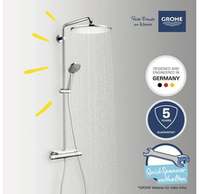 Duschsystem mit Kopf- und Handbrause aus Metall mit Wasserstrahl. Grohe Logo. Hergestellt in Deutschland. Fünf Jahre Garantie. Inklusive Schnellspannern.