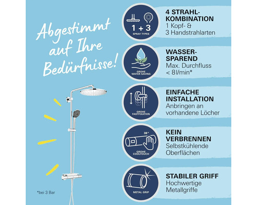 Duschsystem mit Kopf- und Handbrause sowie verschiedenen Strahlarten und Wassersparfunktion