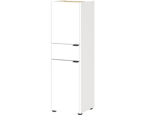 Weißer Badezimmerschrank mit zwei Schubladen und Füßen