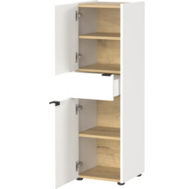 Weißer Badezimmerschrank mit Schublade und mehreren Regalböden