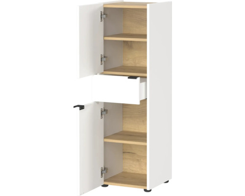 Weißer Badezimmerschrank mit Schublade und mehreren Regalböden