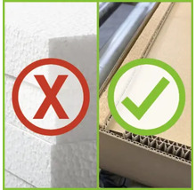Vergleich von Polystyrolverpackung mit ''X''-Symbol und Kartonverpackung mit Häkchen-Symbol