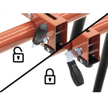 Sägebock mit Verriegelungsmechanismus in geöffnetem und geschlossenem Zustand