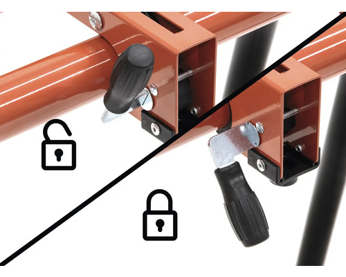 Sägebock mit Verriegelungsmechanismus in geöffnetem und geschlossenem Zustand