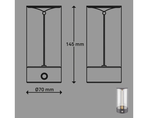 Technische Zeichnung einer Tischleuchte mit den Maßen 145 Millimeter Höhe und 70 Millimeter Durchmesser.