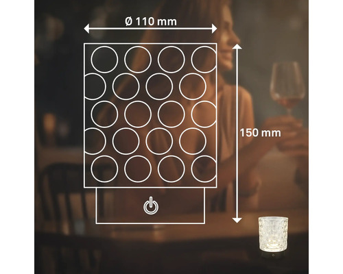 Abmessungen einer Tischlampe: 110 Millimeter Durchmesser, 150 Millimeter Höhe.