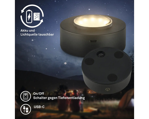 Zwei runde, schwarze Leuchten, eine davon leuchtend, Akku und Lichtquelle austauschbar, mit Ein-Aus-Schalter gegen Tiefentladung und USB-C Anschluss