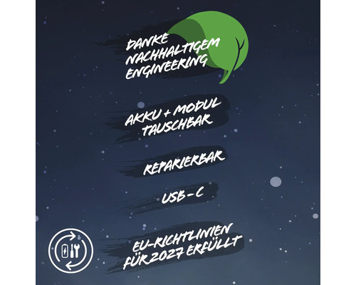 Merkmale: Nachhaltiges Engineering, Akku und Modul austauschbar, reparierbar, USB-C Anschluss, EU-Richtlinien für 2027 erfüllt.