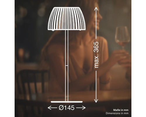 Skizze einer Stehlampe mit den Maßen maximal 365 mm Höhe und 145 mm Durchmesser des Lampenfußes