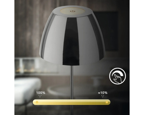 Chromfarbene Tischleuchte mit Touchfunktion zur Dimmung