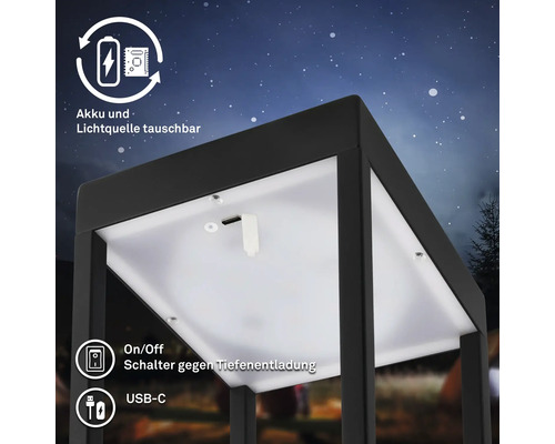 Akkubetriebene Leuchte mit austauschbarer Lichtquelle, Tiefentladungsschutz und USB-C Anschluss