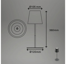 Skizze einer Tischleuchte mit den Maßen: Höhe 360 mm, Lampenschirmdurchmesser 105 mm, Fußdurchmesser 120 mm